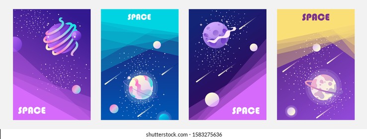 Cosmos, universe and sky. Milky Way. Set of colorful templates for tickets, flyers, banners, posters, covers. Cartoon children’s design. Vector