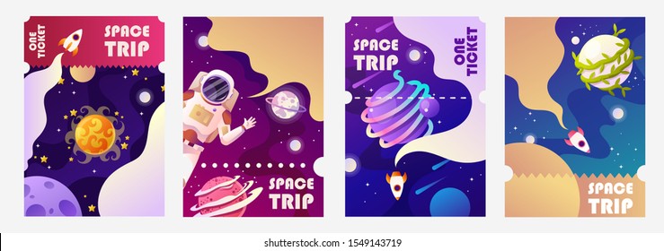 Cosmos, universe and sky. Spacecraft flying. Set of colorful templates for tickets, flyers, banners, posters, covers. Cartoonc hildren’s design. Vector