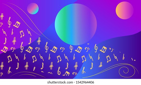 Cosmos, a universe with three colorful planets, on a blue-violet background. A wave of many gold notes and musical signs on the background of space. Music that unites the cosmos. Vector illustration.