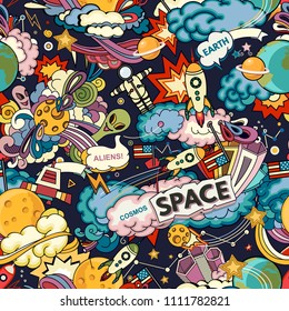 Cosmos vector background. Cartoon seamless background. Seamless pattern with cartoon space rockets, cosmonaut, planets, stars.