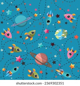 Fondo vector Cosmos. Caricatura de fondo sin fisuras. Patrón sin foco con cohetes espaciales de dibujos animados, cosmonauta, planetas, estrellas.