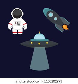 Cosmos vector icon set. Astronaut, UFO spaceship and rocket