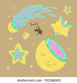 Cosmos vector illustration with funny cartoon space elements: moon, comet, stars and astronaut
