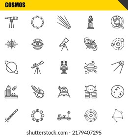 cosmos vector line icons set. telescope, rocket ship and uranus Icons. Thin line design. Modern outline graphic elements, simple stroke symbols stock illustration