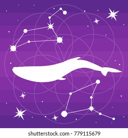 Cosmos vector mystic and magic Illustration template on gradient purple backgroud with constellation of stars Lirgo and Leo, mandala, whale and glowing. 