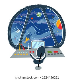 Cosmos view in spaceship window background. Scene from rocketʼs empty control room through window at night sky with planets, comets, satellites, Earth. Moon and planet travel vector illustration.