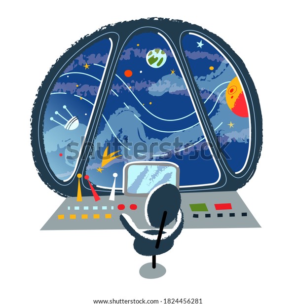 Cosmos view in spaceship window background.\
Scene from rocketʼs empty control room through window at night sky\
with planets, comets, satellites, Earth. Moon and planet travel\
vector illustration.