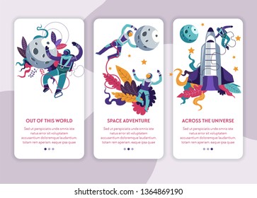 Cosmos voyage space exploration Internet web page template vector astronaut and spaceship moon natural satellite spaceman in pressure suit abstract plants across universe online site mockup.