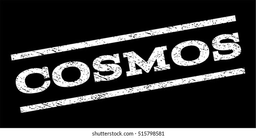 Cosmos watermark stamp. Text caption between parallel lines with grunge design style. Rubber seal stamp with dirty texture. Vector white color ink imprint on a black background.