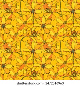 Cosmos yellow flowers seamless pattern. Hand drawn plant background design element stock vector illustration for web, for print, for fabric print
