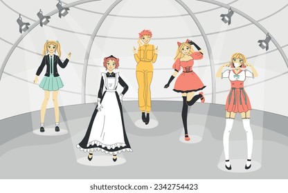 Cosplay anime background with costume and performance symbols flat vector illustration