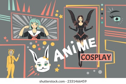 Cosplay anime collage with manga lifestyle symbols flat vector illustration