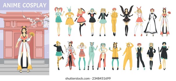 Cosplay anime composition with manga festival symbols flat isolated vector illustration