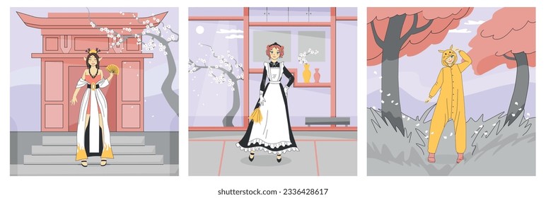 Cosplay anime composition set with teenager subculture symbols flat isolated vector illustration