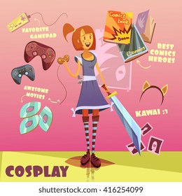 Cosplay character cartoon set with comics books and movies symbols vector illustration 