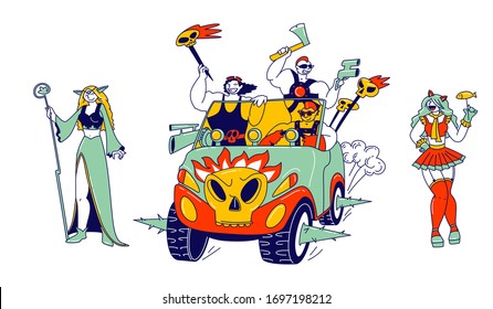 Cosplay Characters Concept. Culture Hobby and Entertainment. Happy Anime Fans Party. Cosplayers Men and Women in Outfit and Wigs Smiling and Riding Car with Skulls. Linear People Vector Illustration