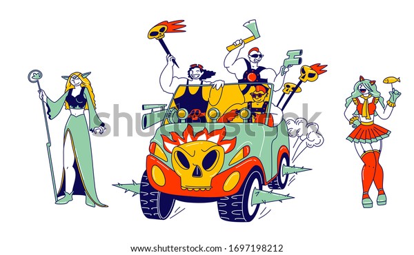 Cosplay Characters Concept. Culture Hobby\
and Entertainment. Happy Anime Fans Party. Cosplayers Men and Women\
in Outfit and Wigs Smiling and Riding Car with Skulls. Linear\
People Vector\
Illustration