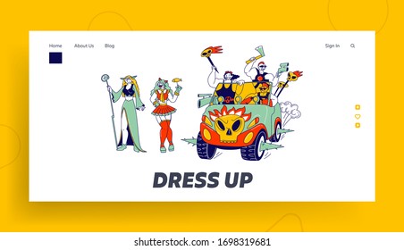 Cosplay Characters Landing Page Template. Culture Hobby and Entertainment. Happy Anime Fans Party. Cosplayers in Outfit and Wigs Smiling and Riding Car with Skulls. Linear People Vector Illustration