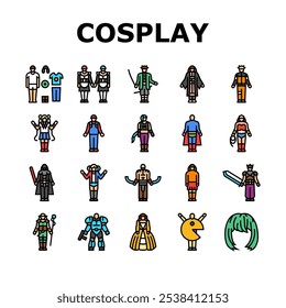 cosplay comic movie anime icons set vector. costume play, cosplayer person, video game diy festival cosplay comic movie anime color line illustrations
