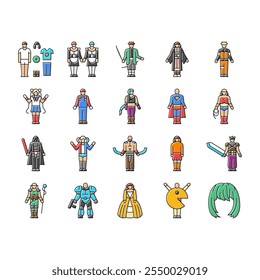 cosplay comic movie anime icons set vector. costume play, cosplayer person, video game diy festival cosplay comic movie anime color line illustrations