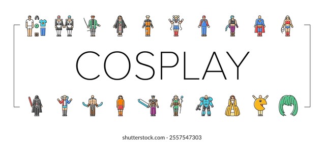 cosplay comic movie anime icons set vector. costume play, cosplayer person, video game diy festival cosplay comic movie anime color line illustrations