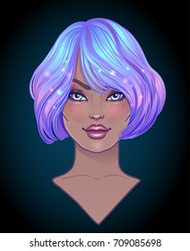 Cosplay style. Attractive girl with galaxy make up and with the sky full of stars in her hair, dyed purple. Trendy haircut. Astrology, mysticism concept. Vibrant colors. Vector zodiac illustration.