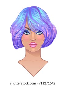 Cosplay style. Attractive girl with galaxy make up and with the sky full of stars in her hair, dyed purple. Trendy haircut. Astrology, mysticism concept. Vibrant colors. Vector zodiac illustration.