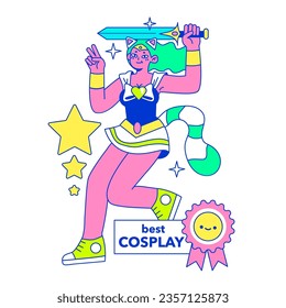 Cosplay. Mujer joven vestida de superhéroe luchando con una espada. Personaje adolescente con disfraz, juegos de rol. La idea del entretenimiento y la creatividad. Ilustración vectorial plana