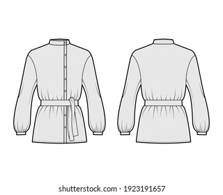 Cossack blouse technical fashion illustration with tie, bouffant long sleeves, stand collar, oversized, button up. Flat apparel top template front, back, grey color. Women men unisex CAD mockup