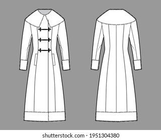 Cossack coat technical fashion illustration with long sleeves, fur cuff, collar, hem, midi length, double breasted. Flat jacket template front, back, white color style. Women men unisex top CAD mockup