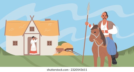 Cossack flat concept with man in traditional ukranian costume riding a horse vector illustration