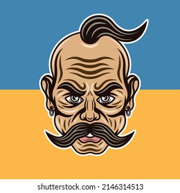 Cossack with mustache vector illustration in colorful cartoon style on yellow blue ukrainian flag background