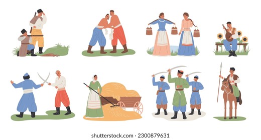 Cossack People flache Symbole mit Männern und Frauen in traditionellen ukranischen Kostümen einzeln auf Vektorgrafik