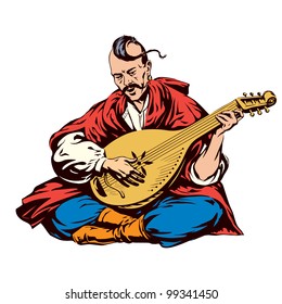 Cossack Playing A Musical Instrument Kobza. Vector version