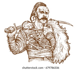 Cossack with a saber - hand drawn vector illustration, isolated on white 