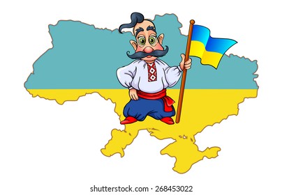 Cossack with Ukrainian flag on map background of Ukraine