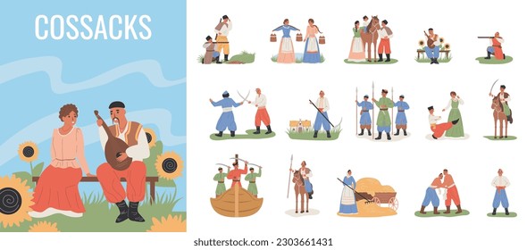 Cossacks flat icons set with people in traditional ukranian costumes vector illustration
