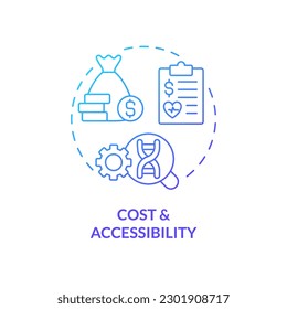 Icono de concepto de degradado azul de coste y accesibilidad. Altos gastos de tratamiento. Reto de medicina de precisión y limitación de la ilustración abstracta de la idea en línea delgada. Esquema aislado