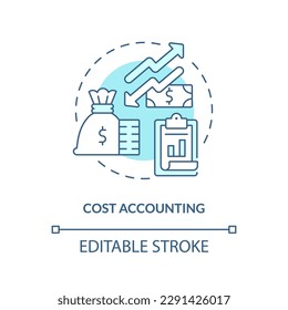 Cost accounting turquoise concept icon. Expenditures report. Tracking spending abstract idea thin line illustration. Isolated outline drawing. Editable stroke. Arial, Myriad Pro-Bold fonts used