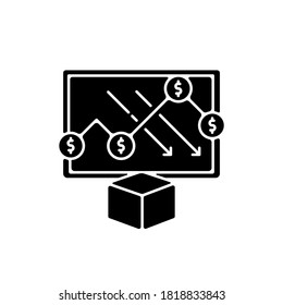 Cost analysis black glyph icon. Financial analytics, economic crisis silhouette symbol on white space. Planning production cost reduction, business strategy report. Vector isolated illustration