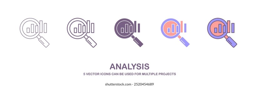 Ilustración vectorial de línea de iconos de análisis de costos, iconos de análisis de datos. Conjunto de iconos planos sobre el tema de análisis de mercado, gráficos, gráficos, crecimiento. un conjunto de iconos con 5 estilos diferentes