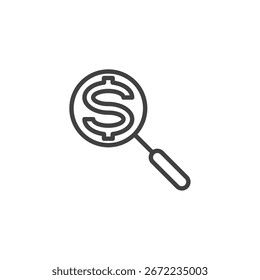 Cost Analysis line icon with magnifying glass and dollar symbol. Outline vector icon, sign representing expense review, auditing, and financial evaluation symbol.