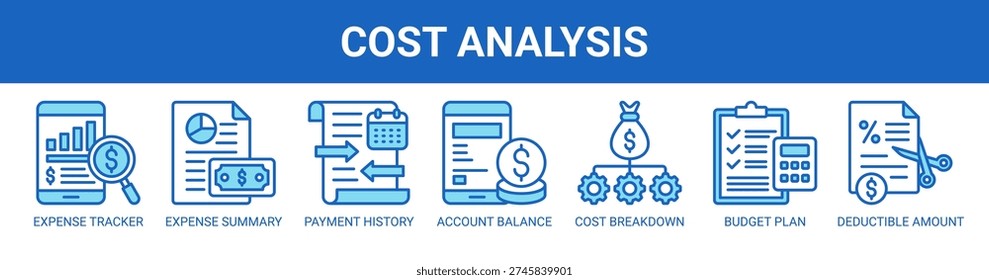 Cost Analysis web banner icon vector illustration concept with icons of expense tracker, expense summary, payment history, account balance, cost breakdown, budget plan, and deductible amount.