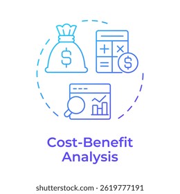 Icono de concepto de gradiente azul de análisis de costo-beneficio. Cálculo de gastos, métricas estadísticas. Ilustración de línea de forma redonda. Abstractas idea. Diseño gráfico. Fácil de usar en infografía, presentación