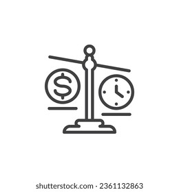 Icono de línea de análisis de beneficios de coste. El tiempo es un signo de estilo lineal para el concepto móvil y el diseño web. Escala con icono vectorial de contorno de dinero y reloj. Símbolo, ilustración del logotipo. Gráficos vectoriales