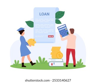 Cost of college or university education and graduation, diploma investment, student loans. Tiny people in cap of graduate holding piggy bank with savings and calculator cartoon vector illustration