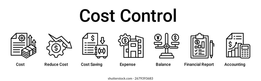 Concepto de Ilustración vectorial de ícono de Web de Anuncio de control de costos para negocios con ícono de Costo, Reducir Costo, Ahorro de Costos, Gastos, Balance, Informe Financiero.