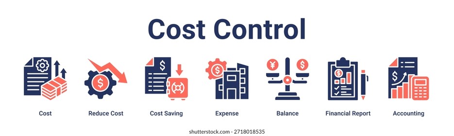 Concepto de Ilustración vectorial de ícono de Web de Anuncio de control de costos para negocios con ícono de Costo, Reducir Costo, Ahorro de Costos, Gastos, Balance, Informe Financiero.