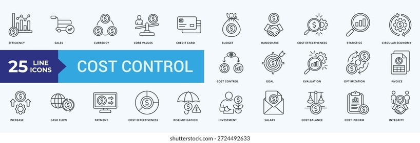 Vector de ilustración de paquete de iconos de control de costos con eficacia, ventas, divisa, núcleo, valores, crédito, tarjeta, presupuesto, apretón de manos, costo, efectividad, estadísticas