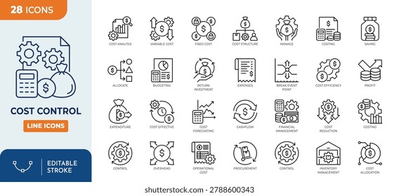 Cost Control icon set. Contain icons related to cost control, budgeting, expenses, saving, allocation, planning, management, and more. Editable stroke. Vector illustration